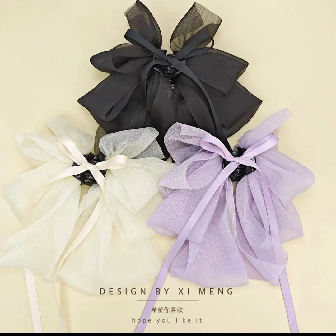 非金属发饰 法式温柔气质飘带超大号蝴蝶结发夹女后脑勺抓夹