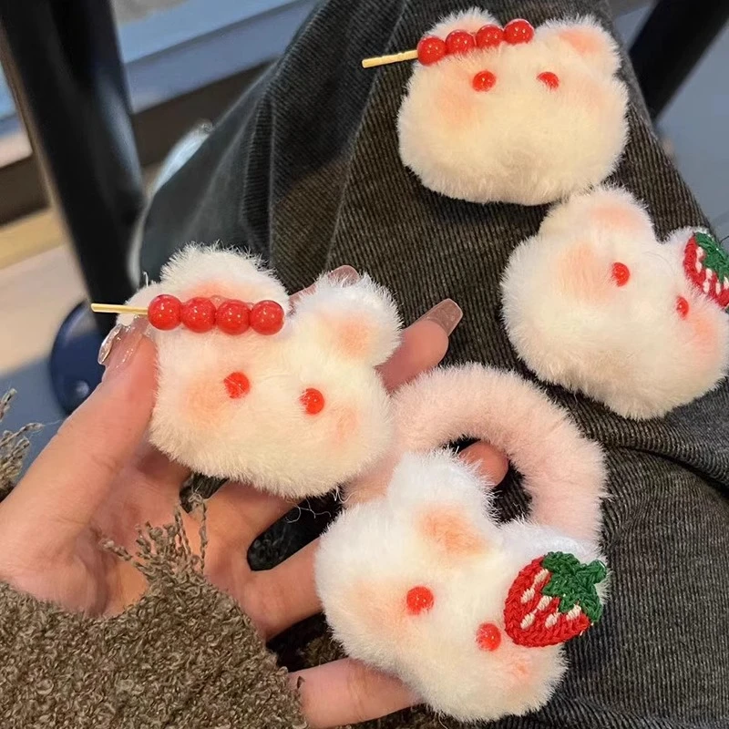 可爱软萌草莓兔发圈女秋冬毛绒碎发夹子冰糖葫芦小兔发卡儿童发绳