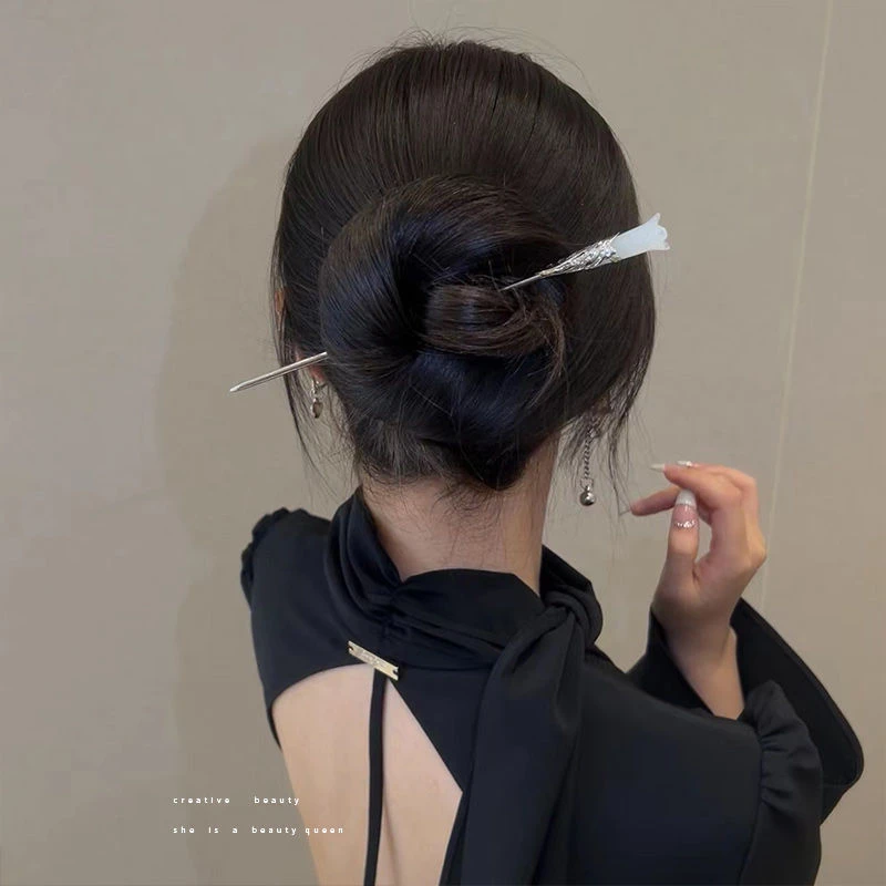 合金发饰 气质木兰花发簪女古风步摇高级感盘发钗子新中式