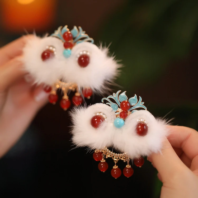 中国风醒狮发夹边夹侧边 秋冬可爱毛毛汉服古风头饰 小女孩对夹