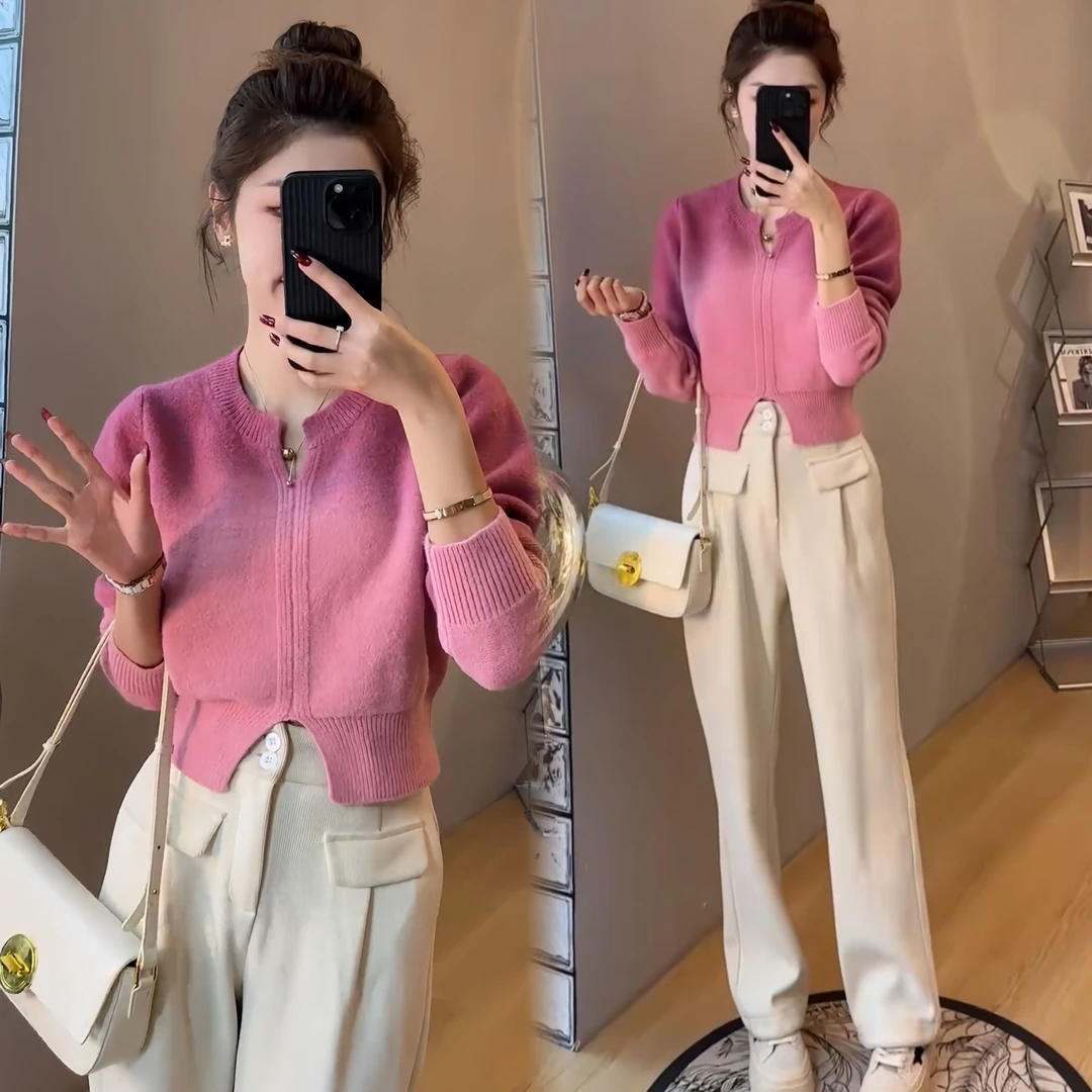 早春慵懒风韩版时尚毛衣休闲简约渐变V领针织开衫显瘦高腰阔腿裤