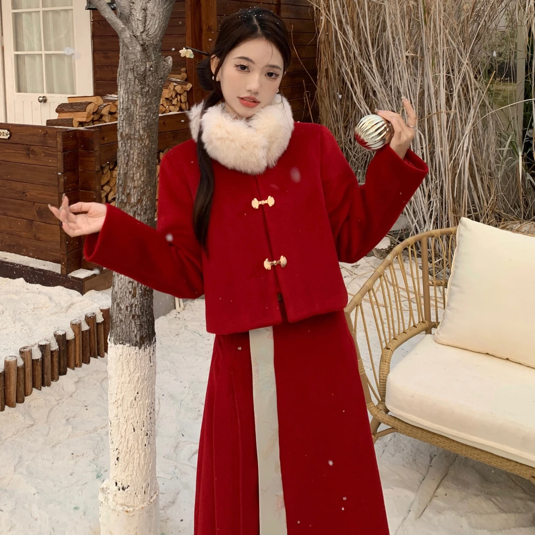 秋冬中国风套装新中式夹棉毛呢外套女马面裙两件套新年战袍拜年服