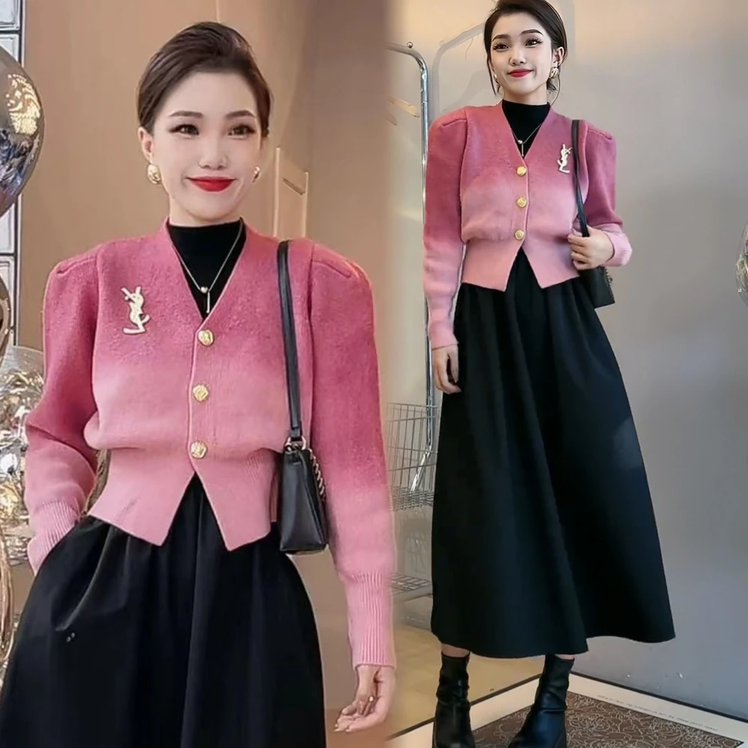 秋冬小香风套装洋气减龄渐变色毛衣开衫外套显瘦遮肉连衣裙两件套