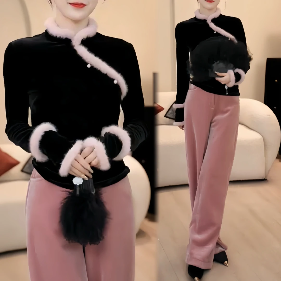 秋冬国风新中式丝绒盘扣洋气拼接毛毛上衣女加绒阔腿裤