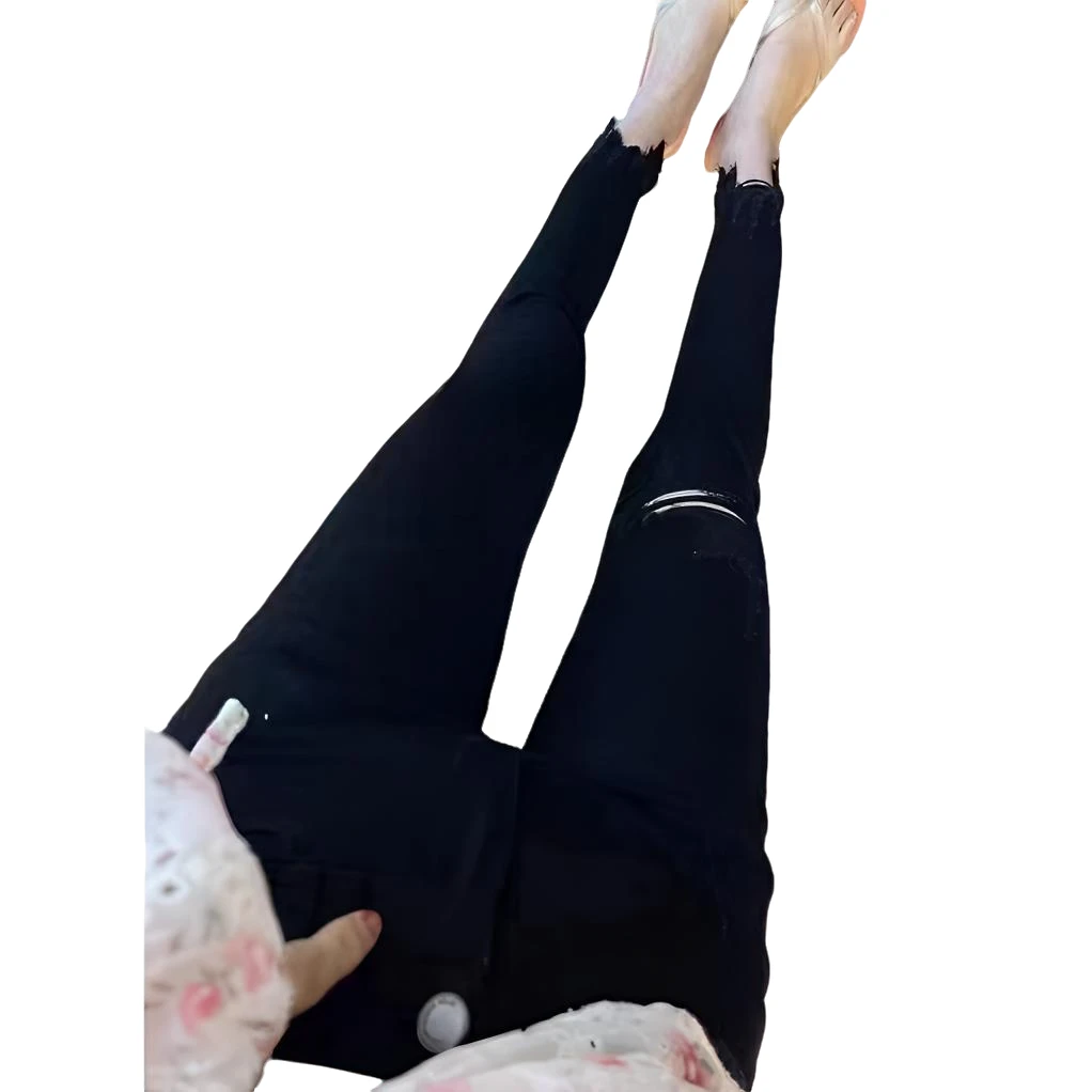 【女王团精选】9366潮流高弹破洞铅笔小脚裤
