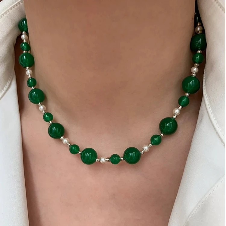 钛钢项链 气质轻奢时尚百搭小众简约坠链绿色珠珠项链588