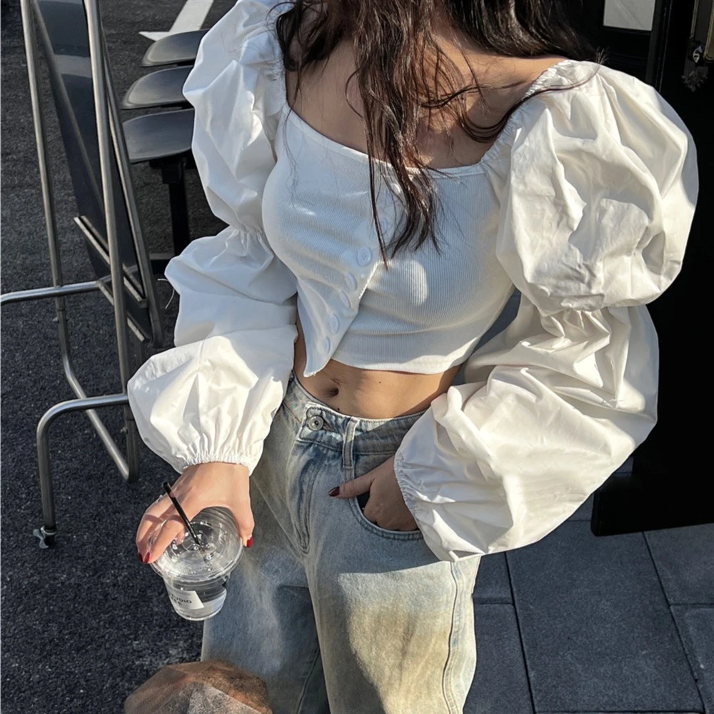 小众设计感一字肩泡泡长袖高腰泡泡袖露肩夏季锁骨白色衬衫上衣
