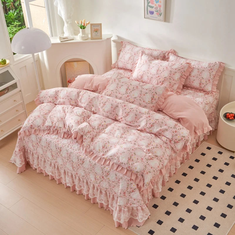 春夏A类泡泡棉夹棉公主风床盖蕾丝边床裙款韩式四件套非纯棉全棉