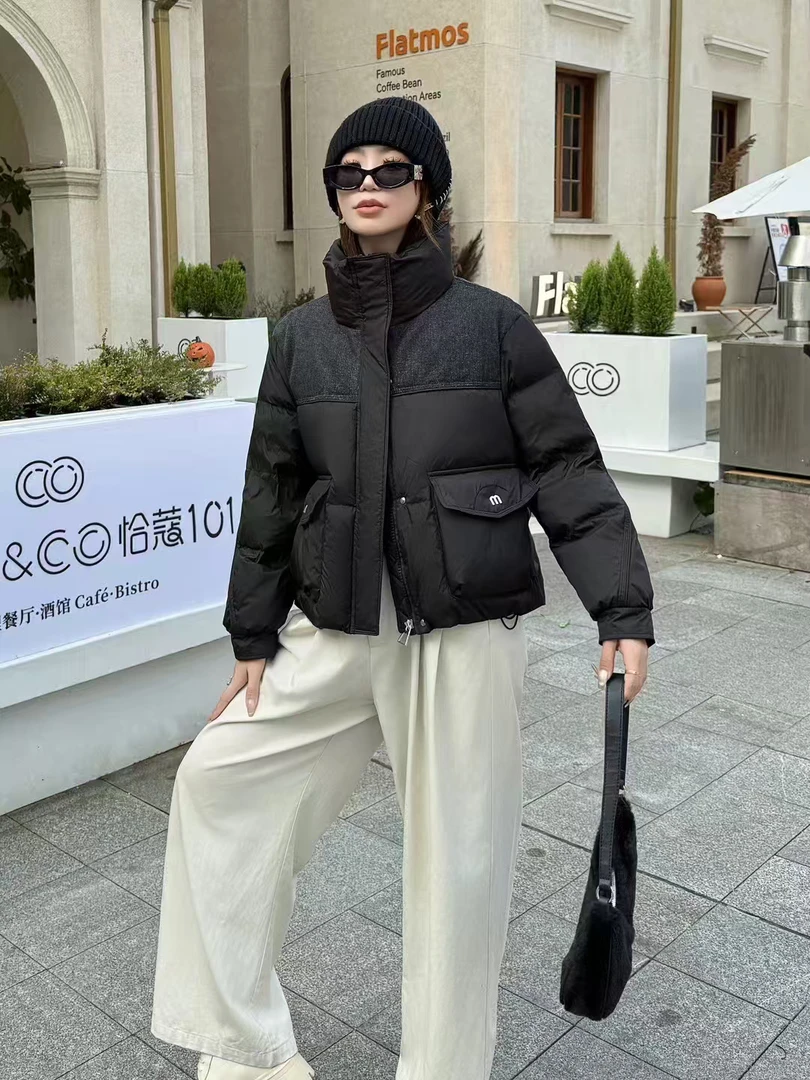 欧洲站立领拼接女2024冬季新款显瘦保暖外套