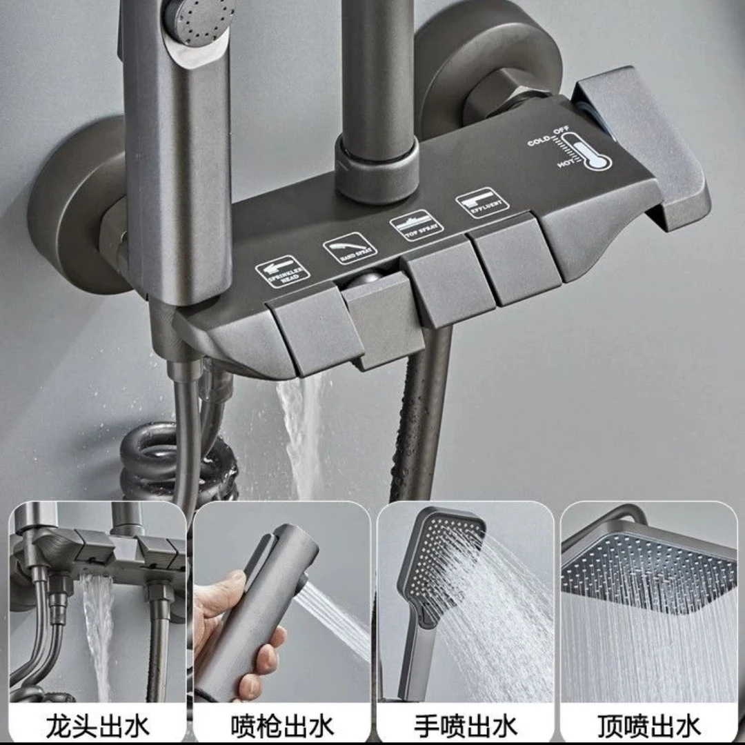 航母主体钢琴按键四出水增压手喷淋浴套装