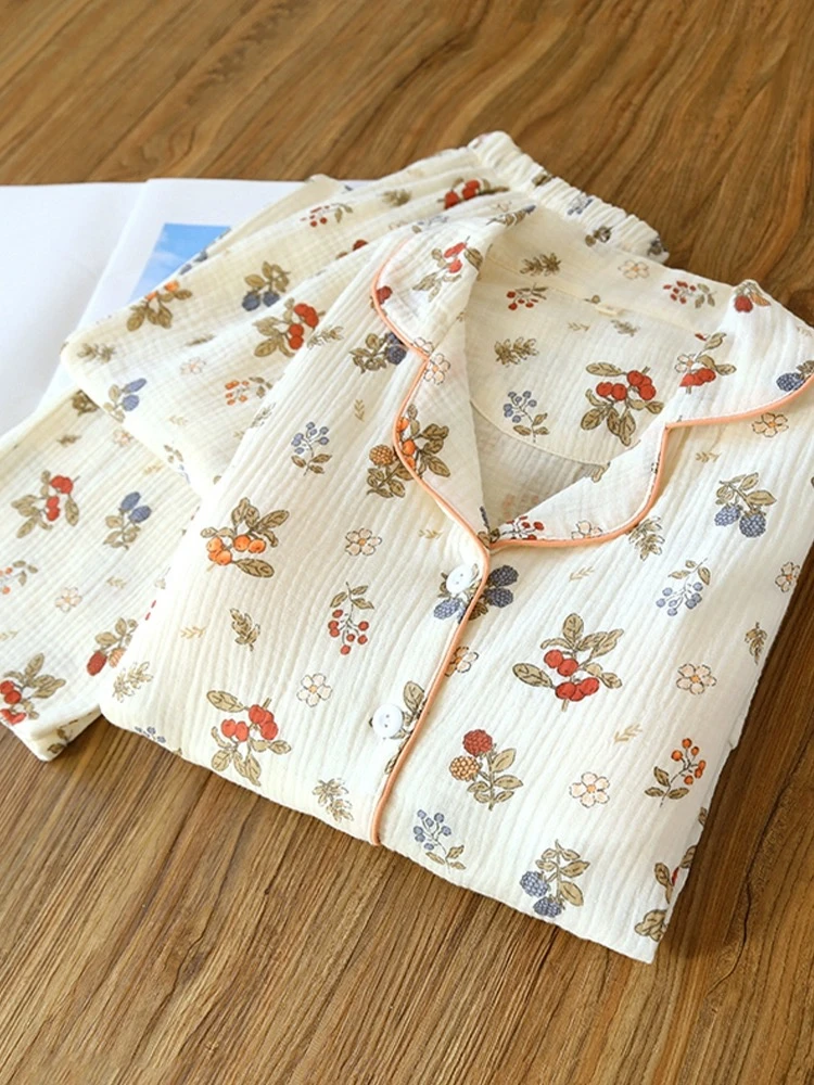 免文胸睡衣女套装春夏全棉双层棉纱带胸垫纯棉家居服长袖薄款V领