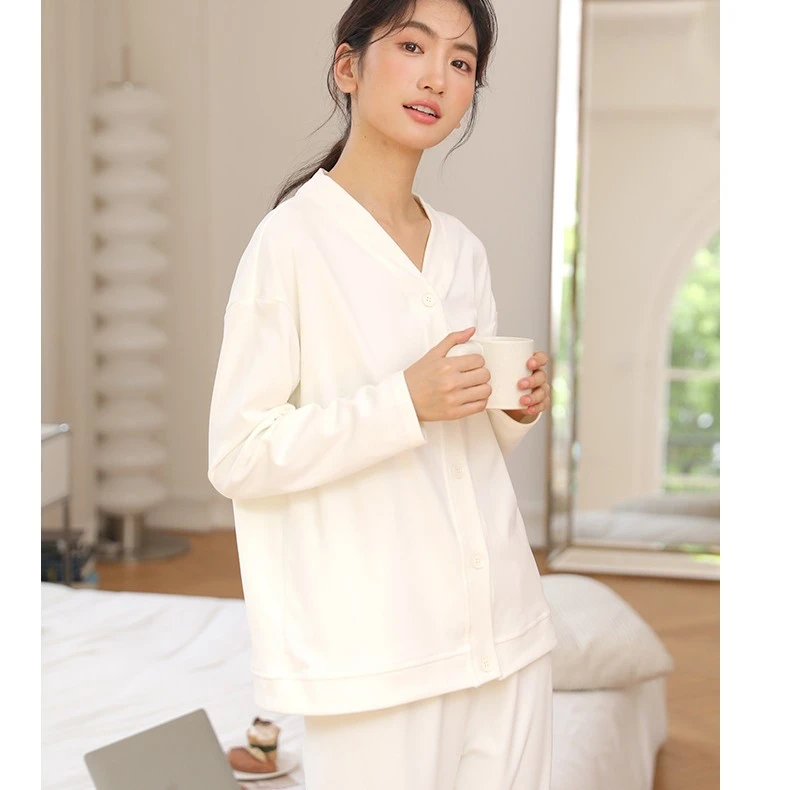 V领睡衣女秋冬季加厚外穿休闲家居服纯色简约开衫长袖直筒长裤女