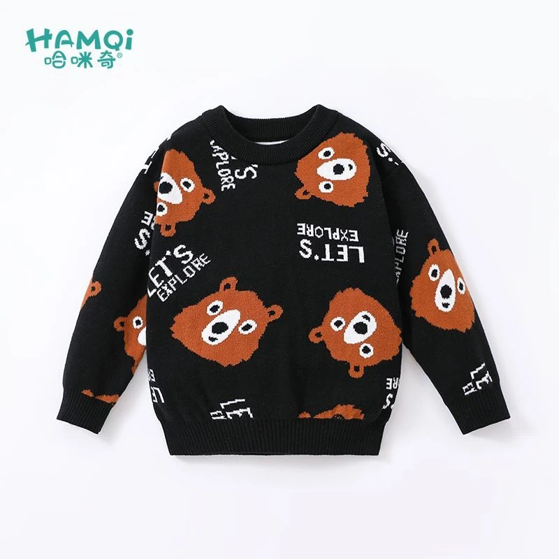 【2024秋上新】男童套头毛衣双层加厚针织衫中小儿童黑色上衣秋冬