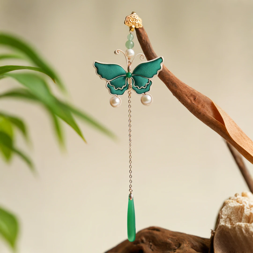 非金属布艺胸针 青寻盘扣「绿蝴蝶」压襟新中式旗袍汉服宋锦配饰