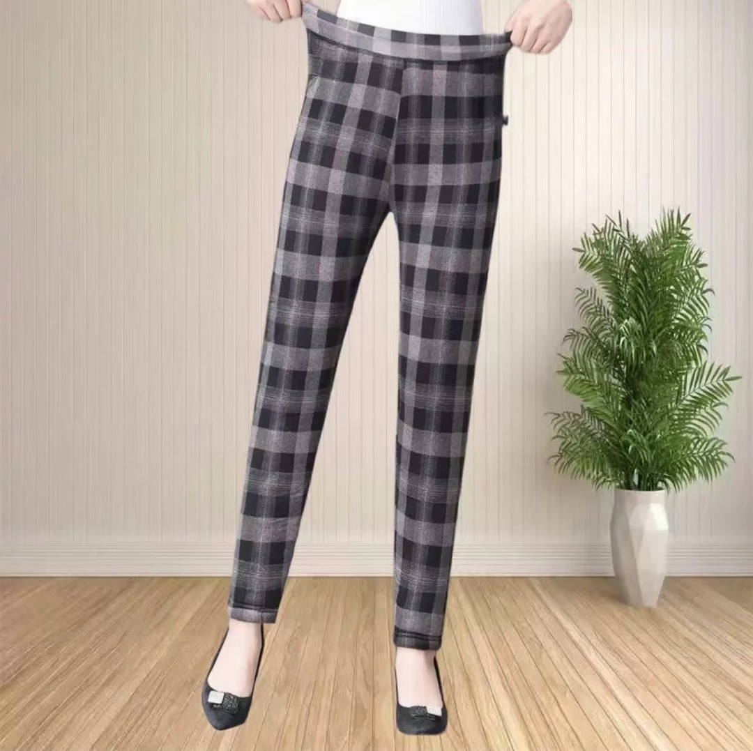 新款中老年女士棉裤秋冬季加绒加厚高腰妈妈保暖裤女外穿格子裤子