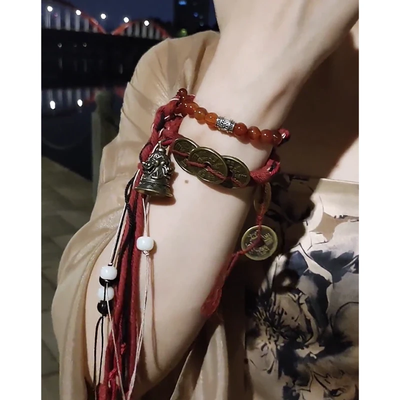 铜合金仿珍珠手链 新中式编织流苏手链女复古民族风山鬼花钱手绳