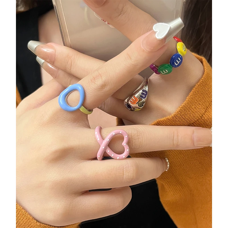 锌合金戒指 ins风夏季马卡龙糖果色珐琅叠戴戒指女时尚个性指环潮