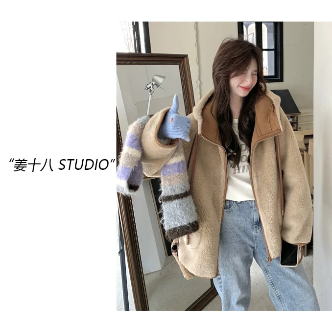 姜十八-「皮毛一体外套」韩国单！新款韩系慵懒风连帽保暖外套