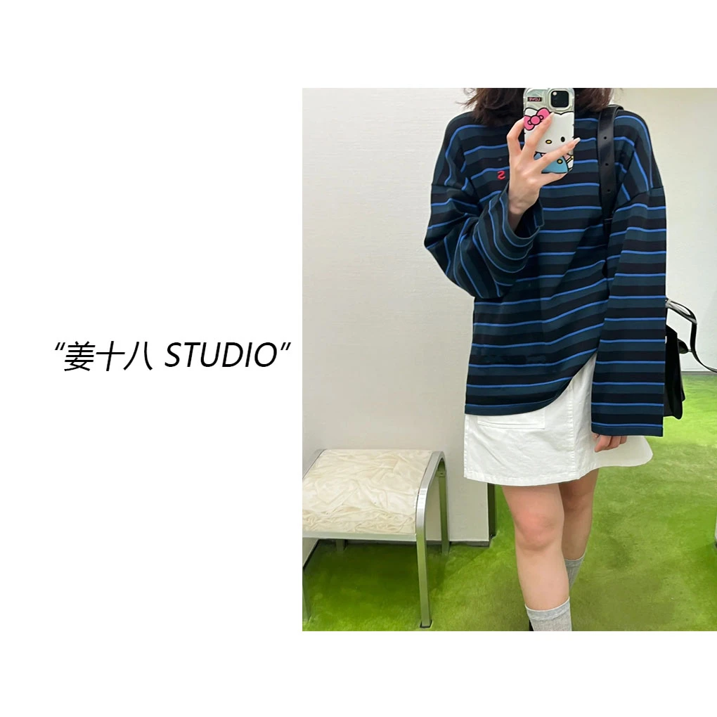 姜十八-「三色条纹」韩国单! 撞色条纹宽松慵懒休闲长袖针织打底