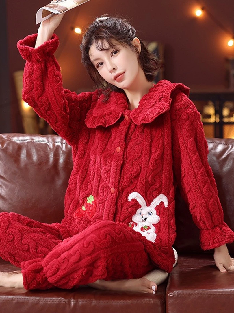 【馨月家】秋冬新款女翻领加绒加厚加大法兰绒甜美可外穿睡衣家居服