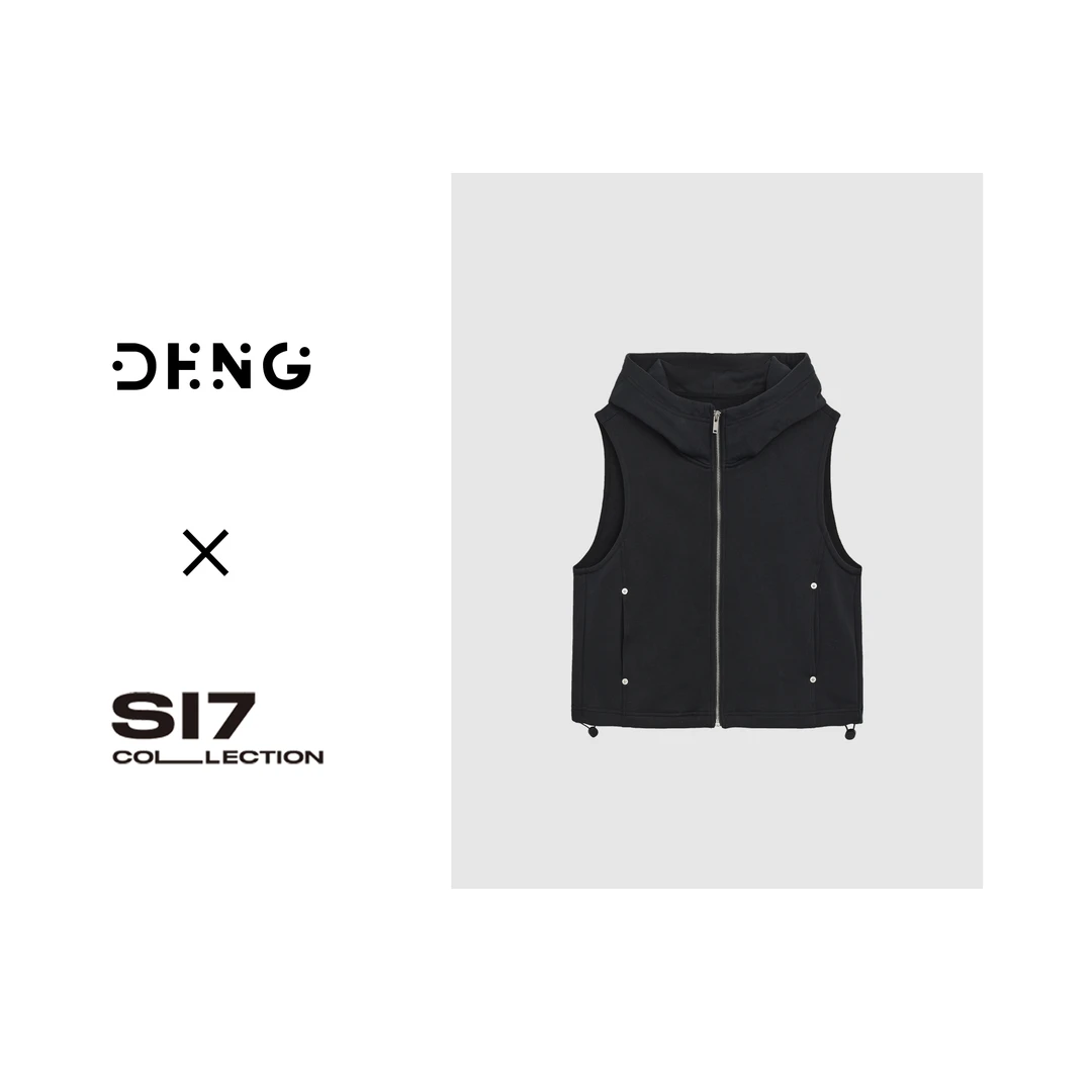 DENG 立领连帽马甲高级水洗黑简约百搭短款无袖上衣坎肩ZJHC24905