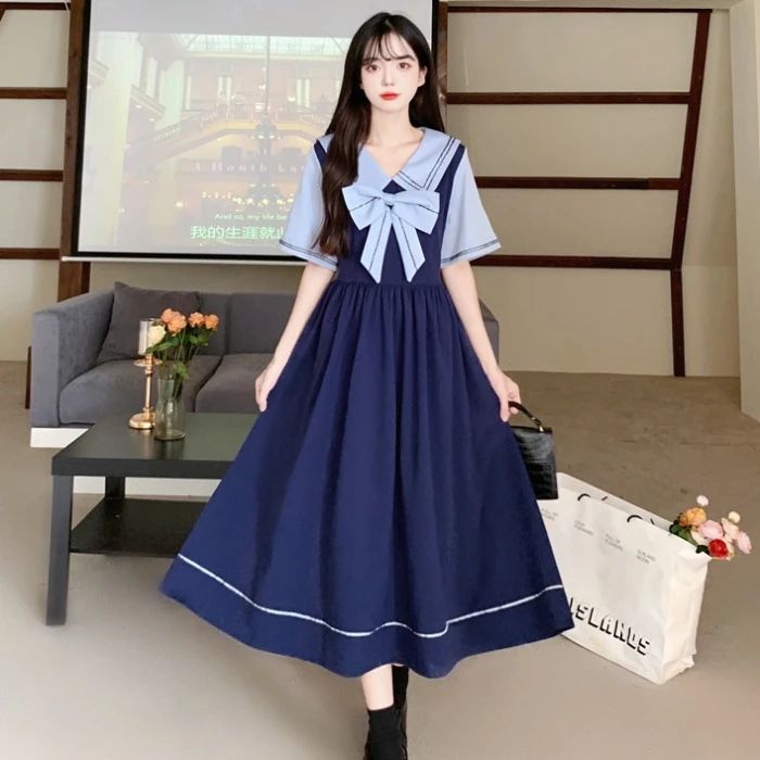M-4XL海军领连衣裙少女夏装2025初中高中学生甜美日系学院风长裙