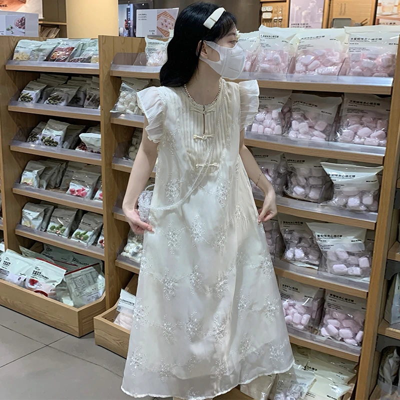 新中式国风重工提花刺绣连衣裙少女夏季初高中学生小飞袖仙女裙子