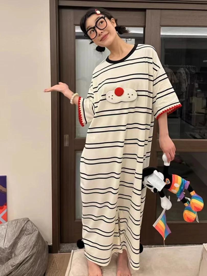 韩版ins可爱卡通酷猫短袖睡衣女夏季2024新款宽松连体睡裙可外穿