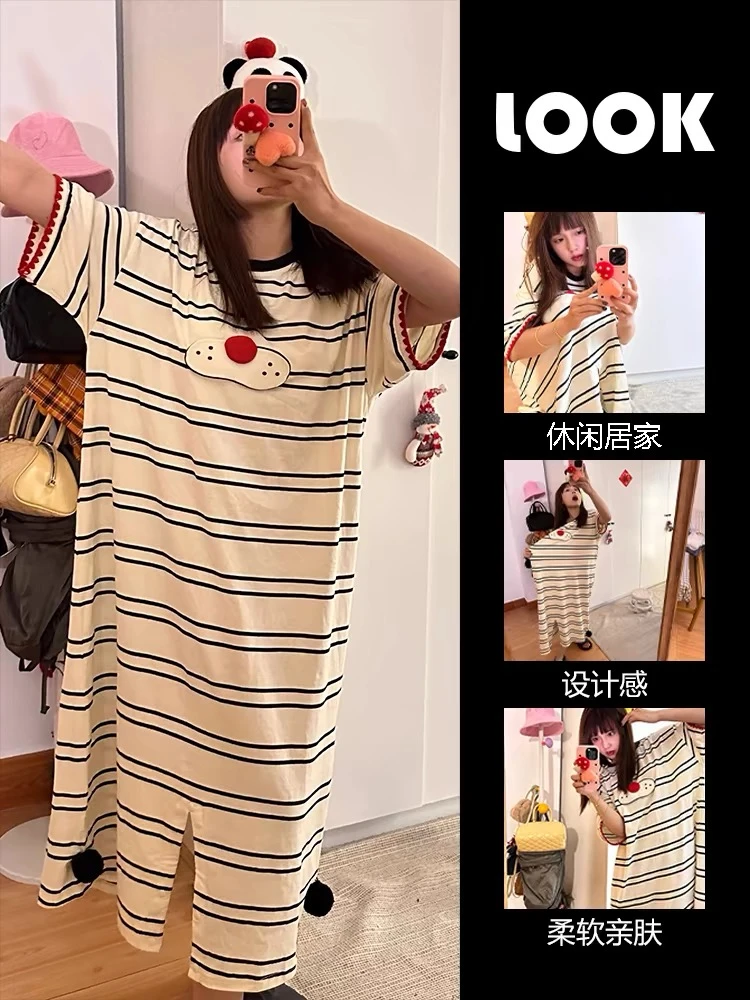 可爱酷猫条纹短袖睡裙女夏季韩版ins风宽松休闲连体睡裙家居服