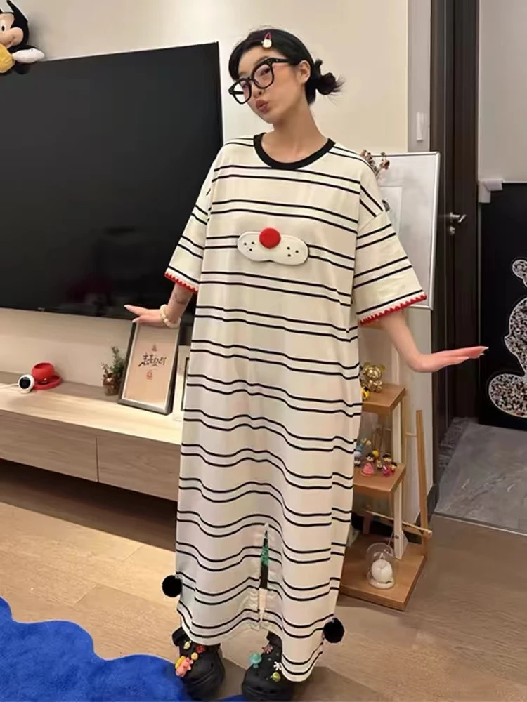 可爱卡通酷猫睡衣女夏季韩版ins风宽松休闲短袖连体睡裙家居服