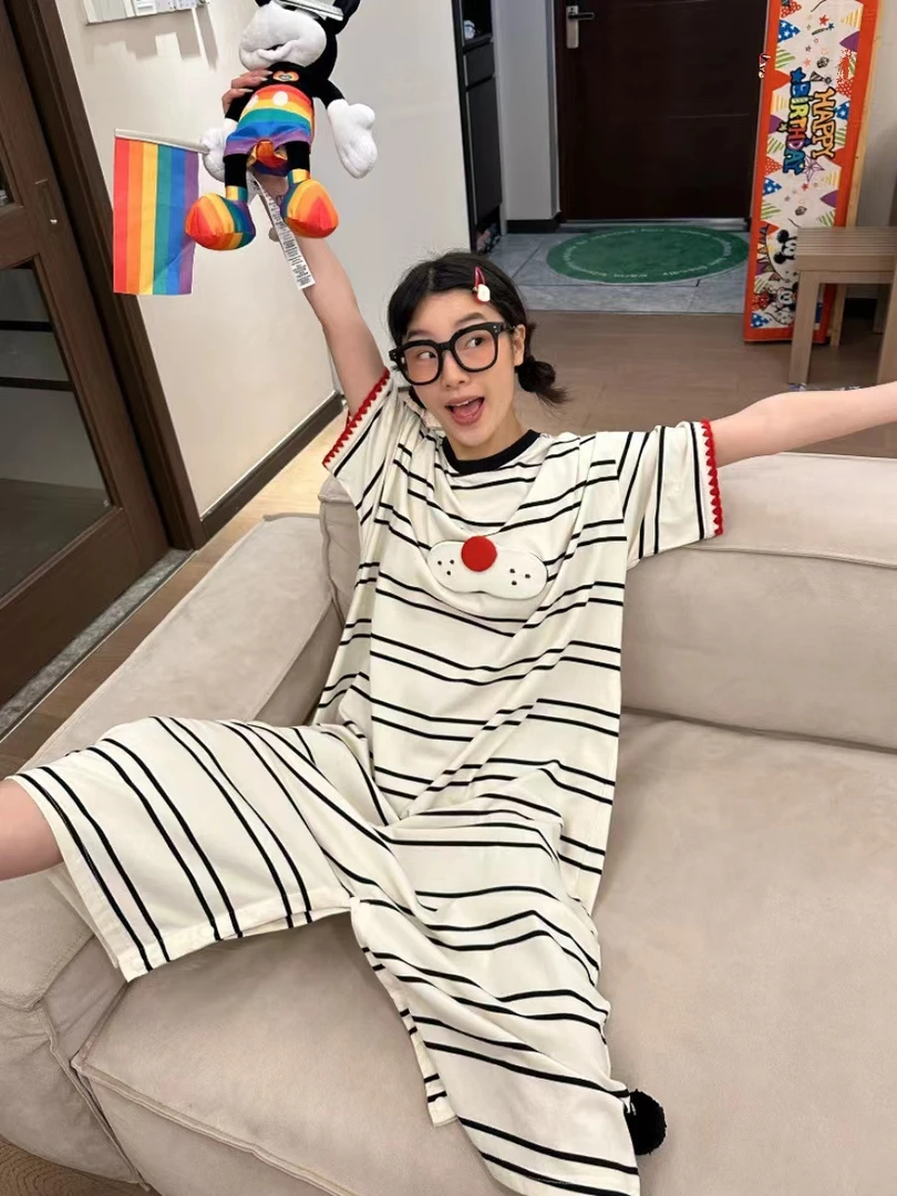 韩版可爱短袖酷猫连体睡衣女夏季2024年新款大码家居服睡裙可外穿