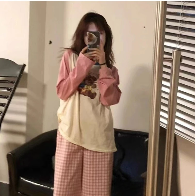 可爱卡通韩版ins风睡衣女春秋网红宽松显瘦可外穿长袖长裤家居服