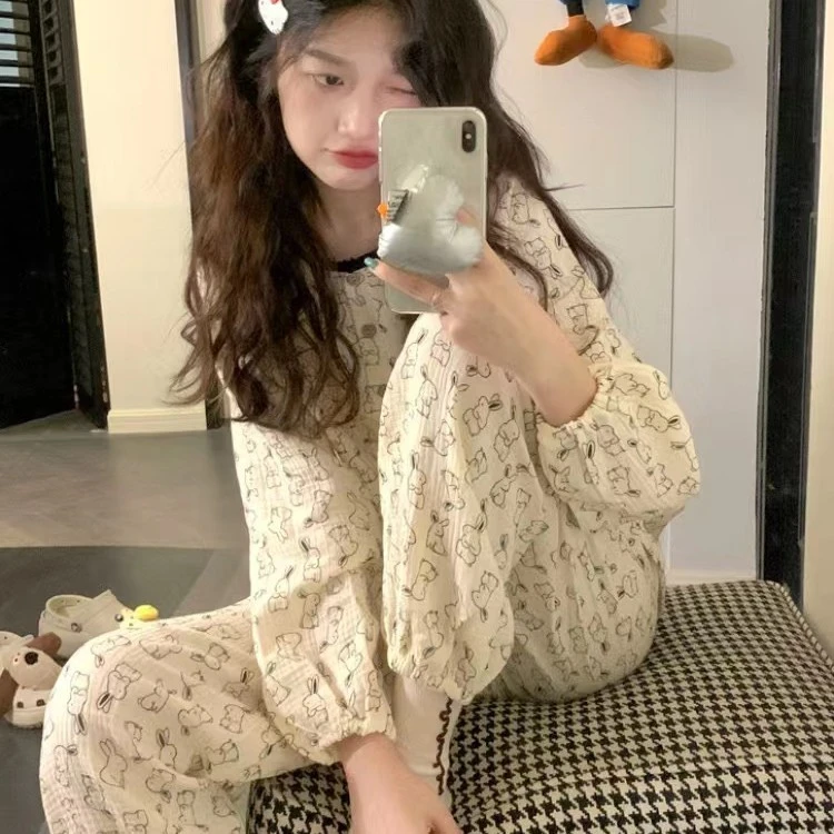 睡衣女春秋少女甜美可爱网红兔子印花长袖长裤时尚宽松圆领家居服