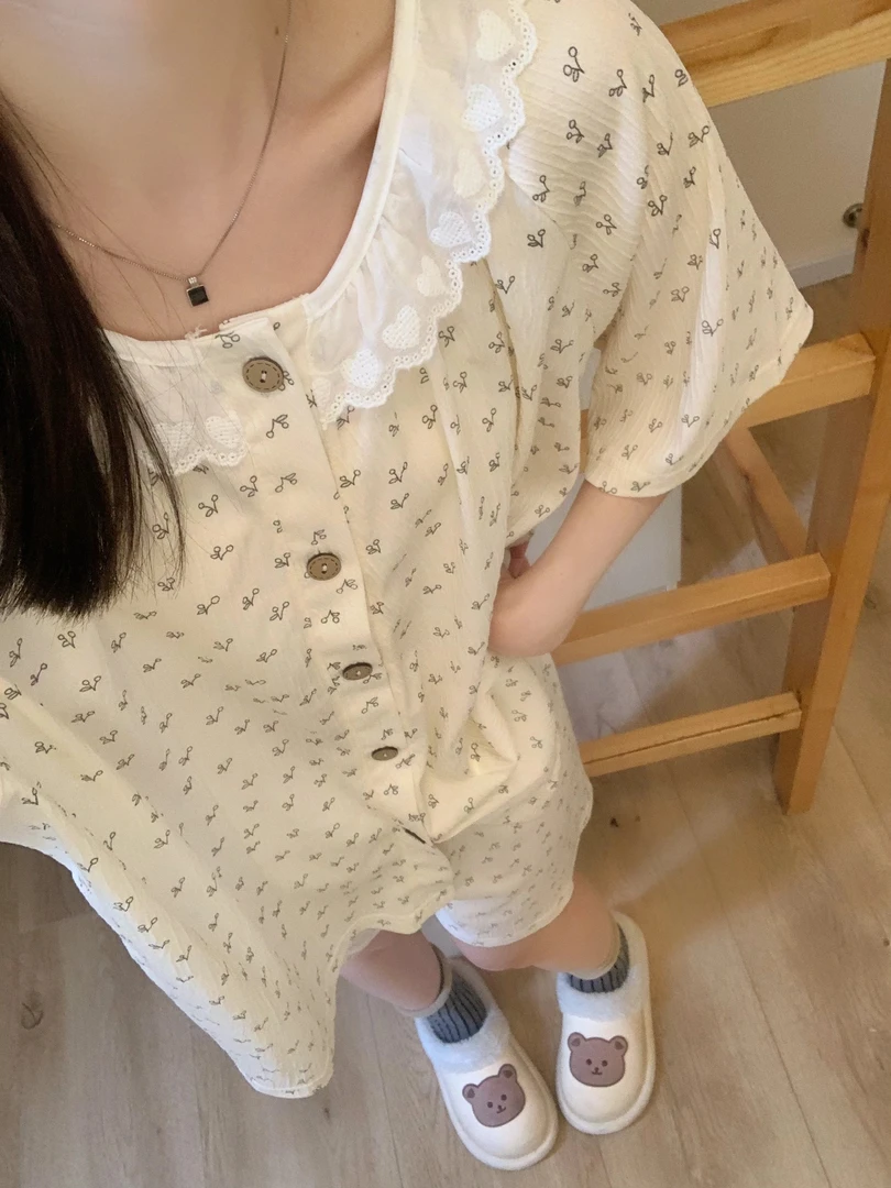 公主风甜美可爱少花边碎花睡衣女夏季韩版ins宽松短袖短裤家居服