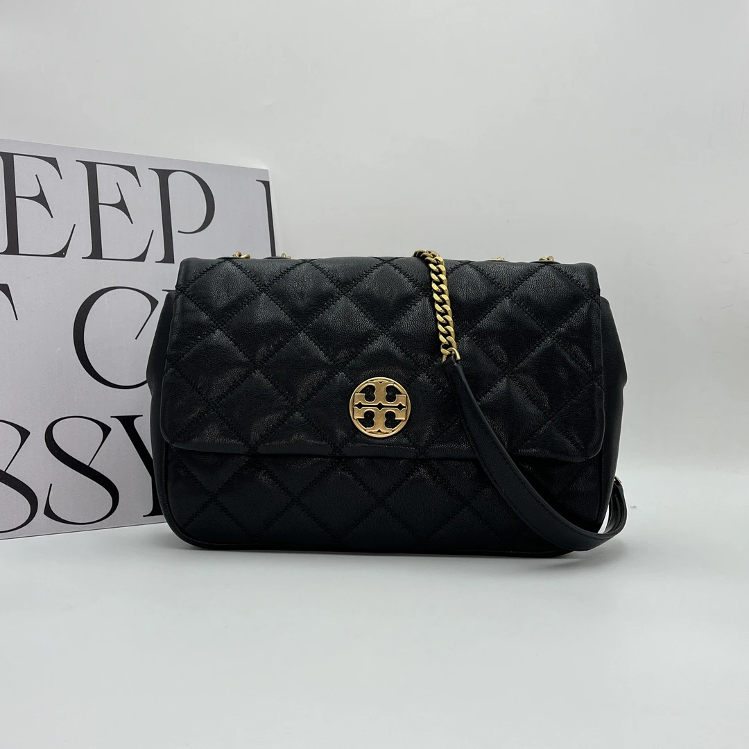 99新 TORY BURCH/汤丽柏琦 Willa黑色大号 单肩流浪包 054方胖子