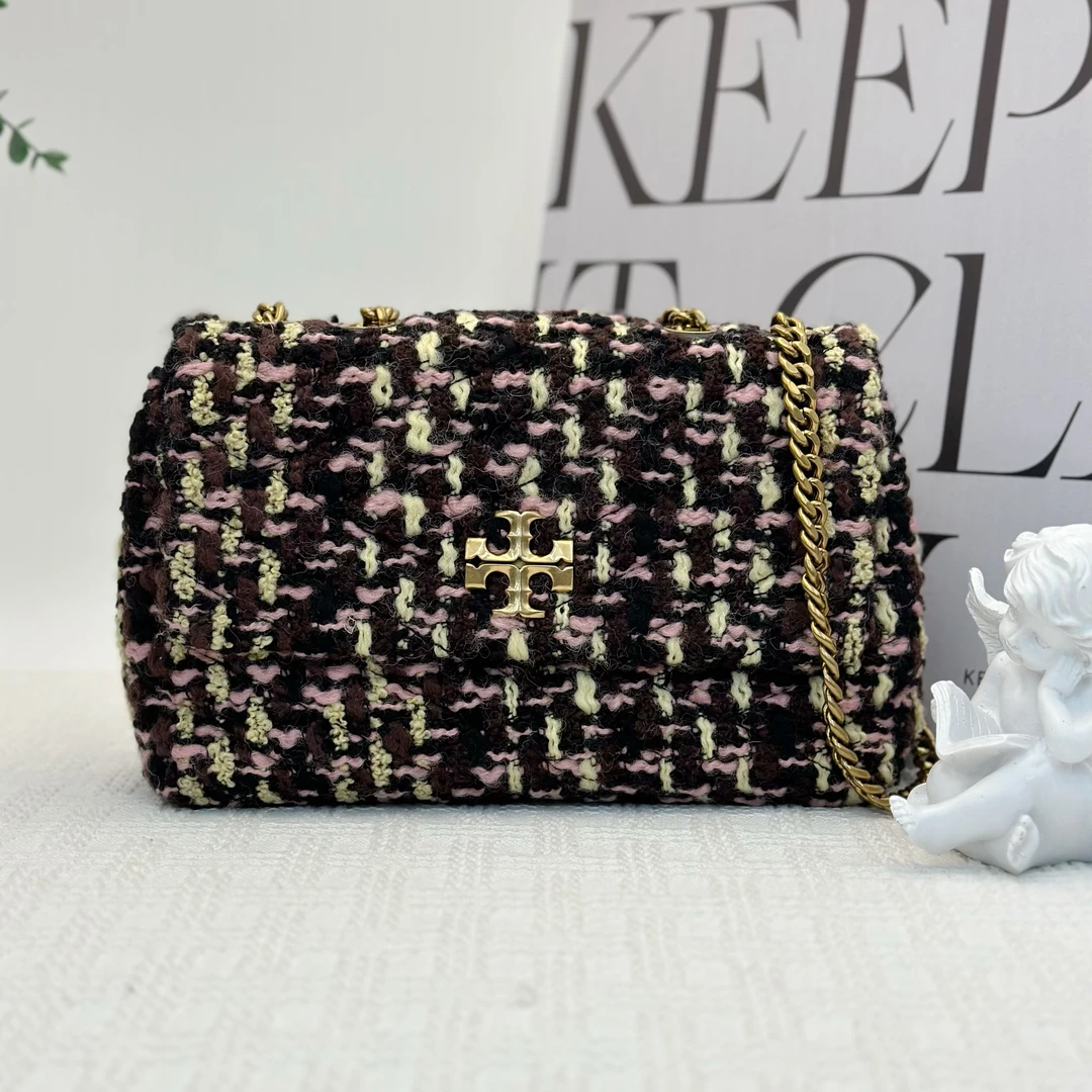 99新 TORY BURCH/汤丽柏琦 Kira单肩翻盖链条包 花呢中号 007经典