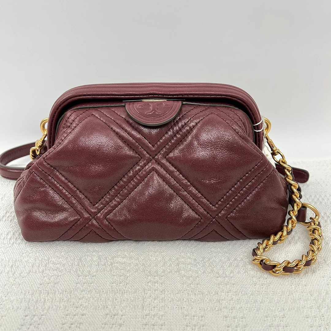 95新 TORY BURCH/汤丽柏琦  复古油蜡皮单肩斜挎云朵包018酒红色