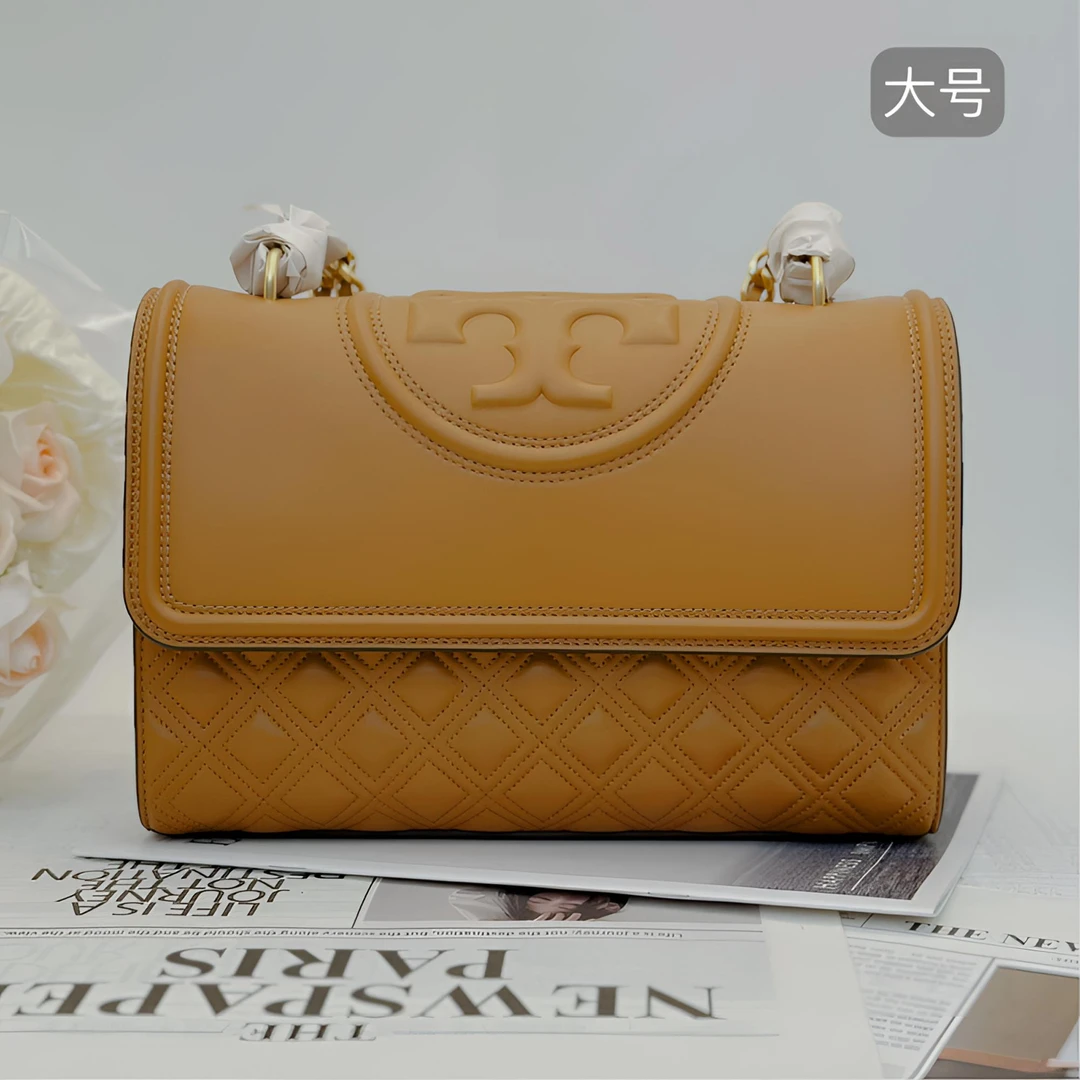 99新 TORY BURCH/汤丽柏琦 Fleming棕色大号菱格链条包 014小香风