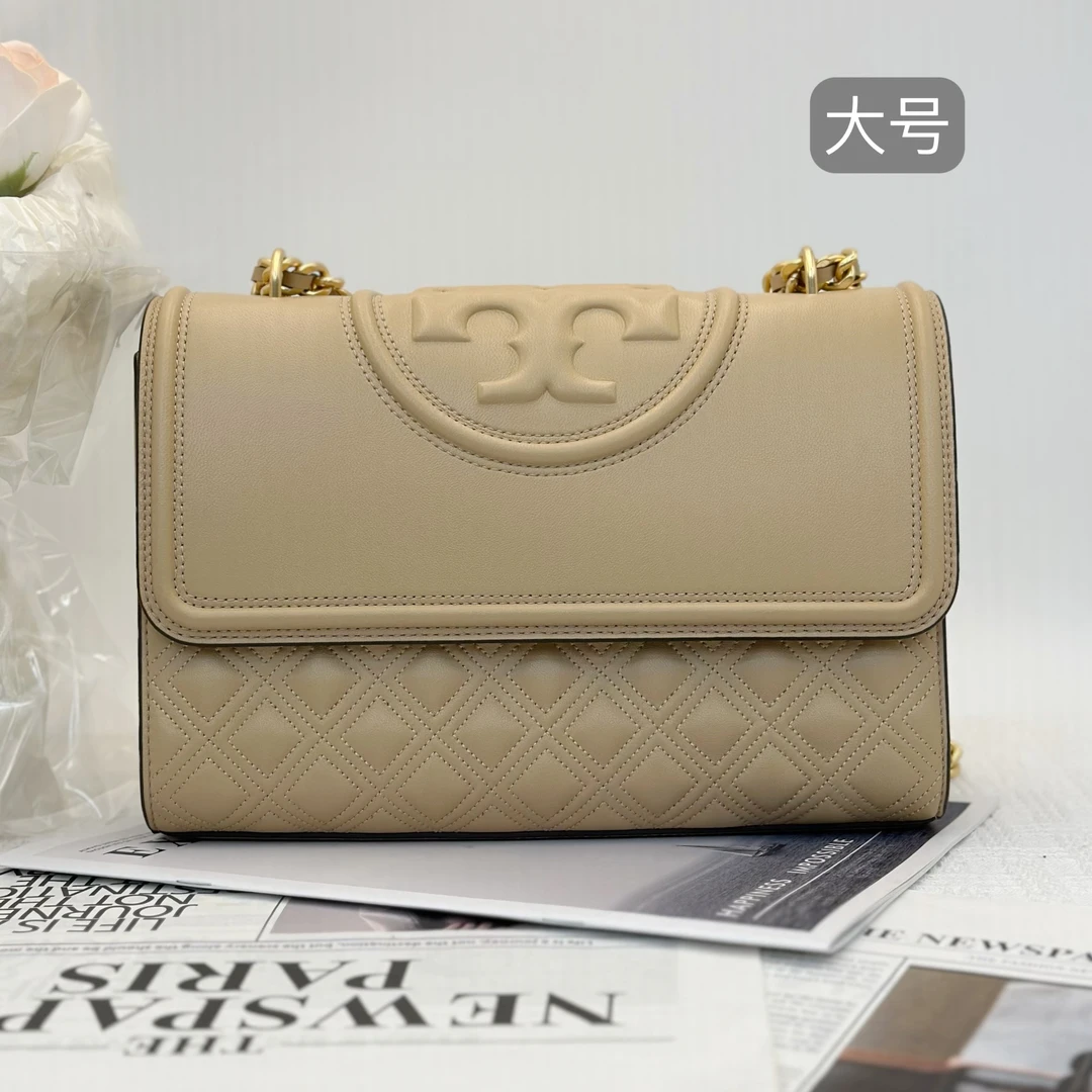 99新 TORY BURCH/汤丽柏琦 Fleming奶茶大号菱格单肩包 014小香风