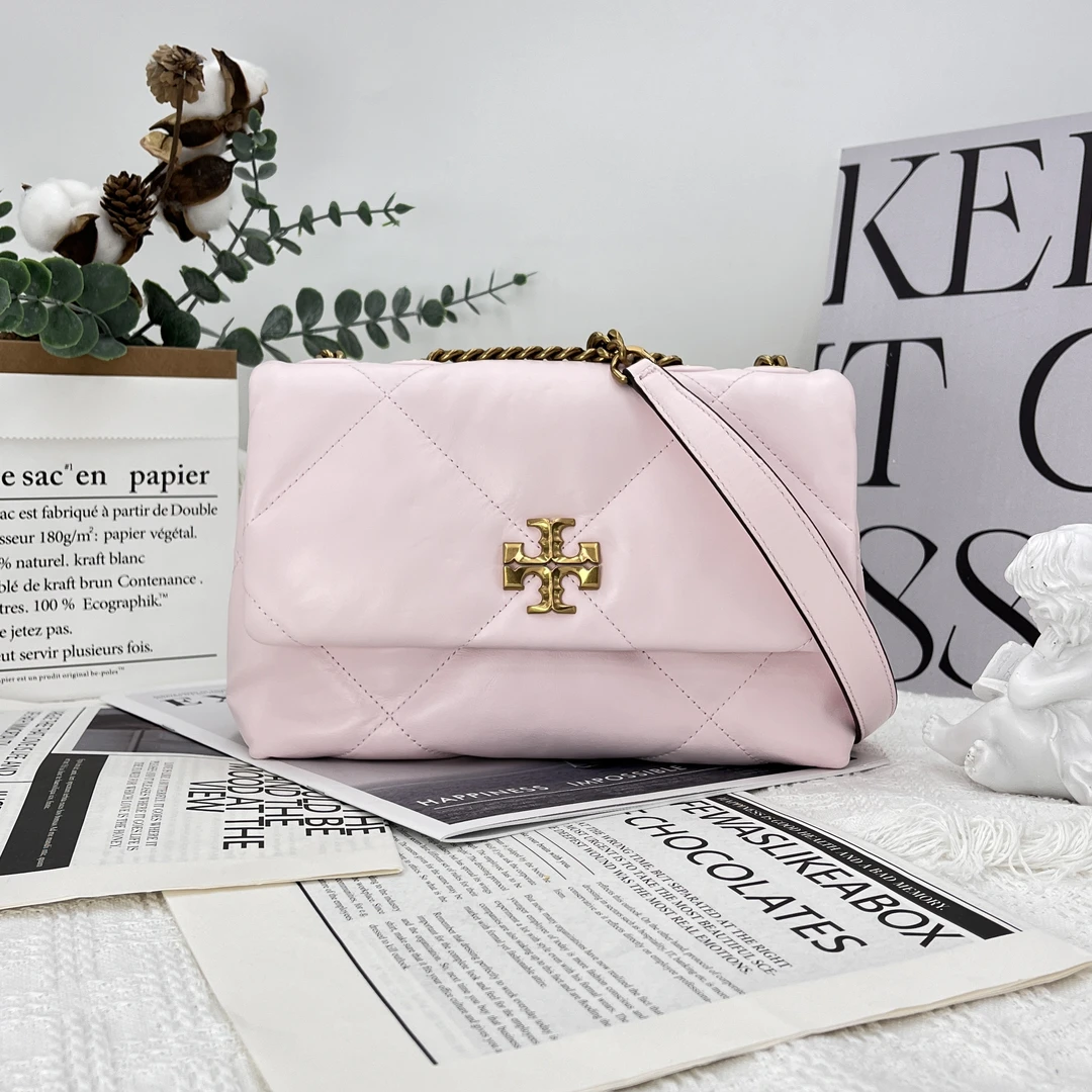 99新 TORY BURCH/汤丽柏琦 Kira 粉色小号牛皮链条包 002新款菱格