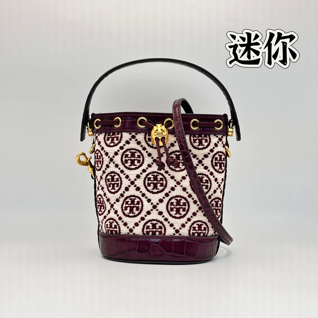 99新 TORY BURCH/汤丽柏琦 T Monogram水桶包手提斜挎包 045毛呢