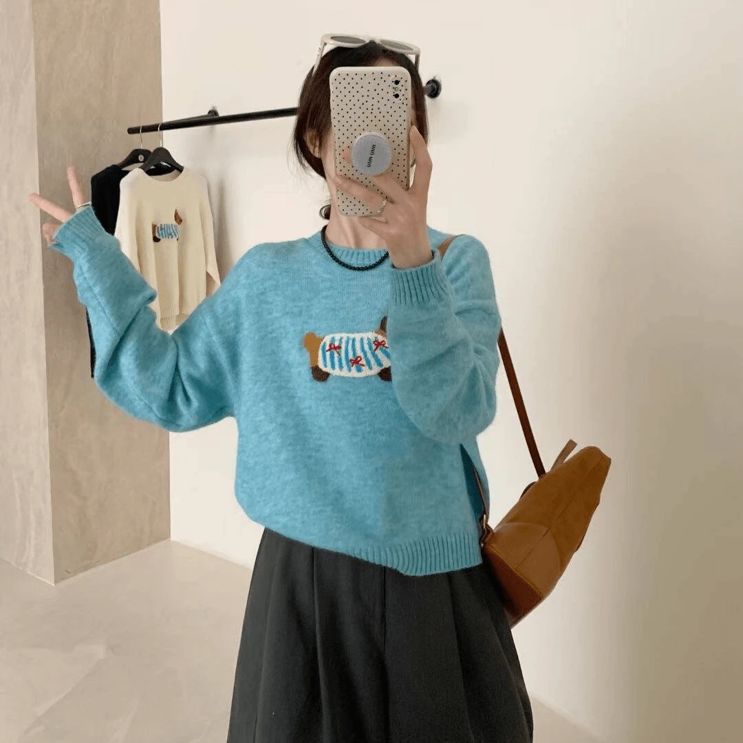 韩系腊肠小狗针织衫女2024秋冬卡通立体圆领套头毛衣百搭长袖上衣