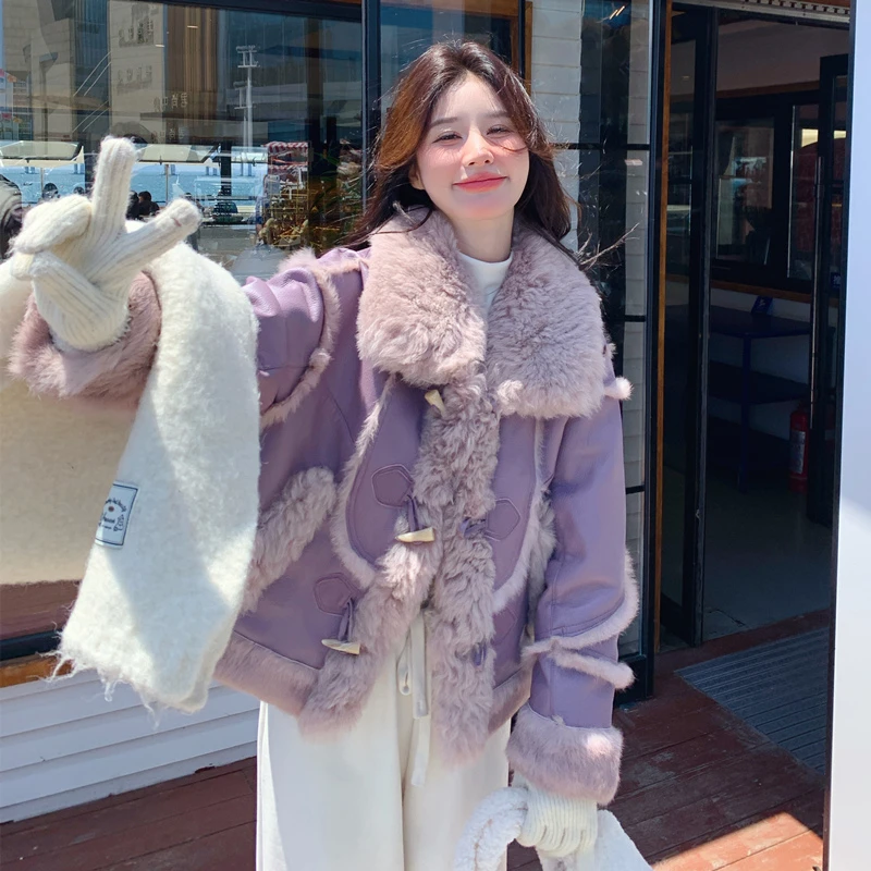 紫色高级感超好看皮毛一体仿羊羔毛短外套冬季新款小个子加厚棉衣