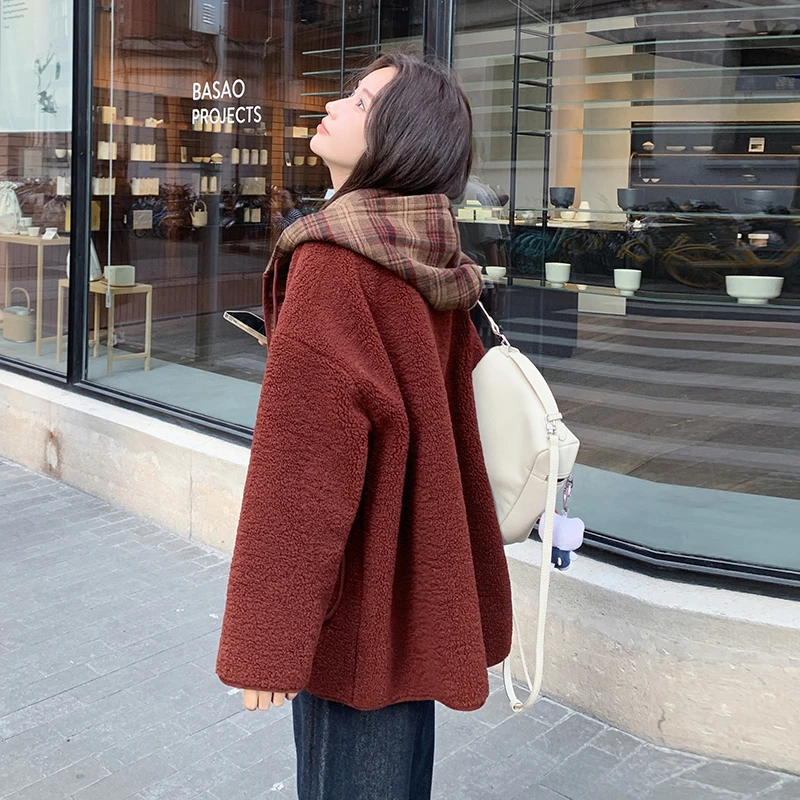 红色摇粒绒外套冬季2024新款复古拼接设计感皮毛一体仿羊羔毛上衣