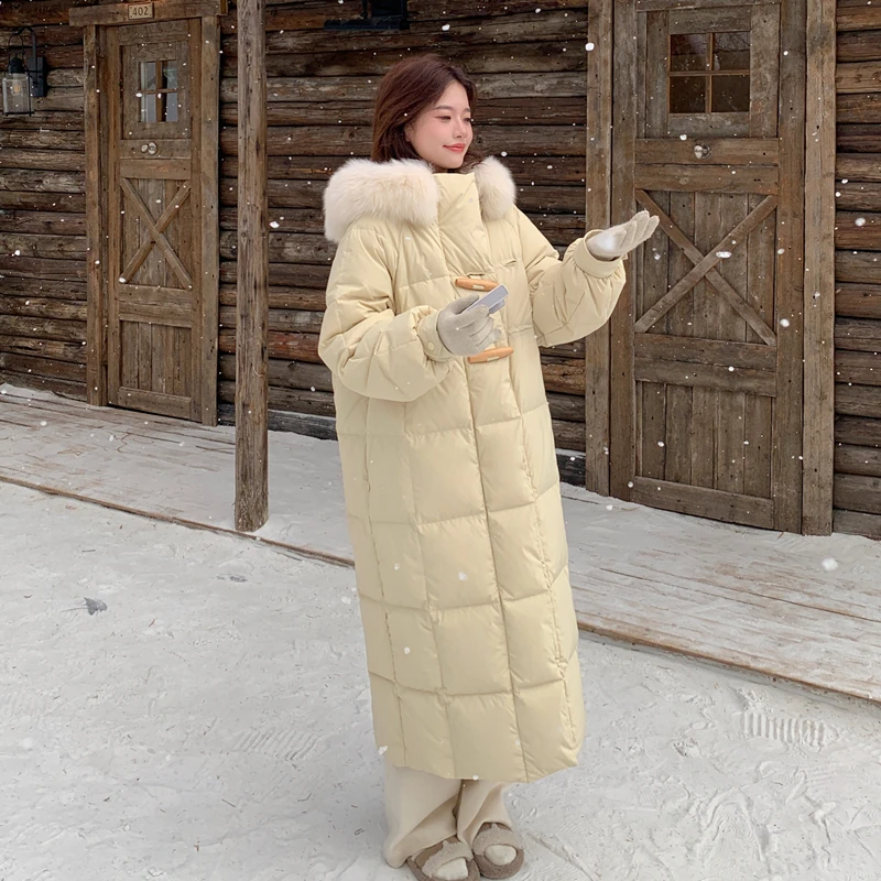 鹅黄色大毛领牛角扣羽绒服女冬季2024新款韩系宽松长款过膝厚外套