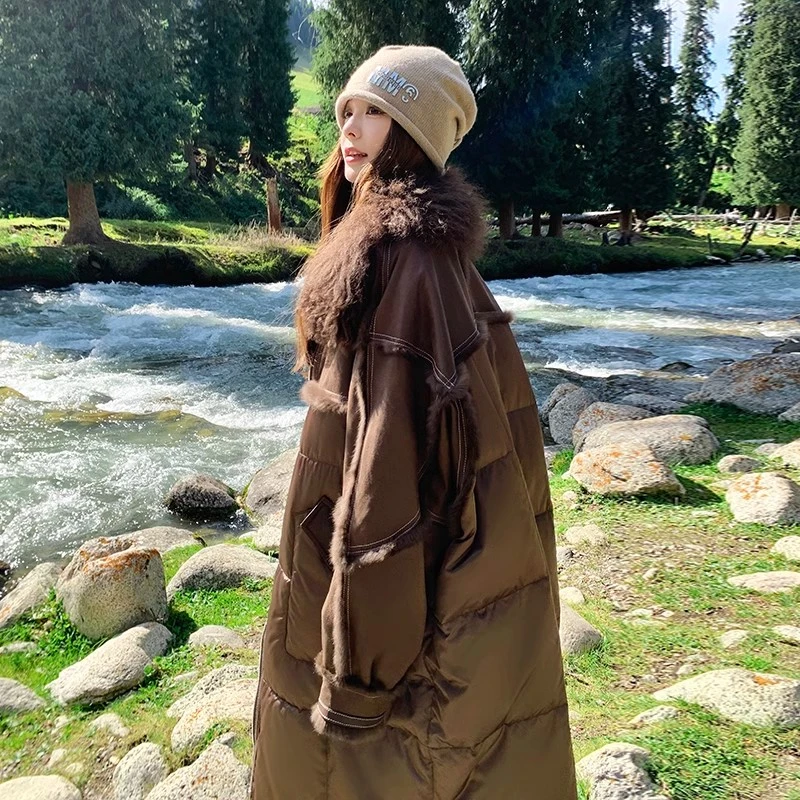 美拉德大毛领羽绒服女2024冬季新款宽松高级感中长款白鸭绒厚外套