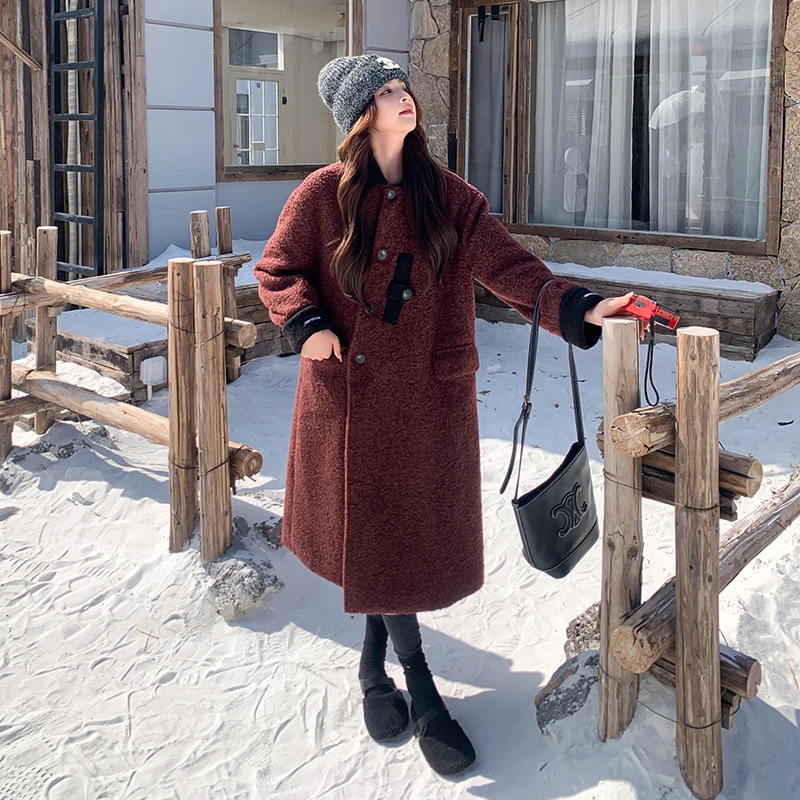 赫本风安可拉红呢大衣女秋冬2024新款中长款时髦洋气毛呢外套加厚