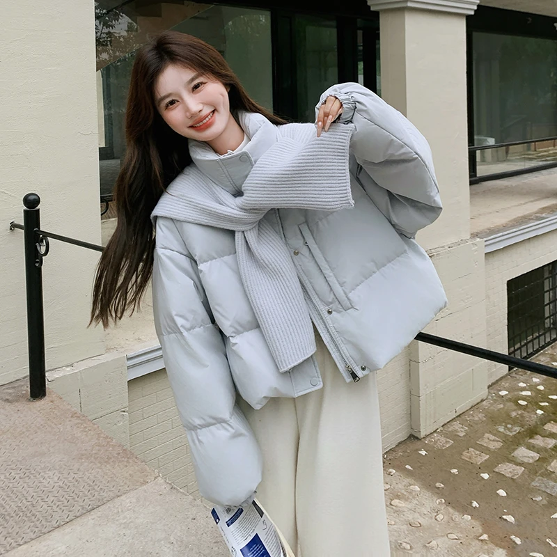 蓝色针织披肩短款羽绒服女冬季2024新款韩系小个子加厚立领面包服