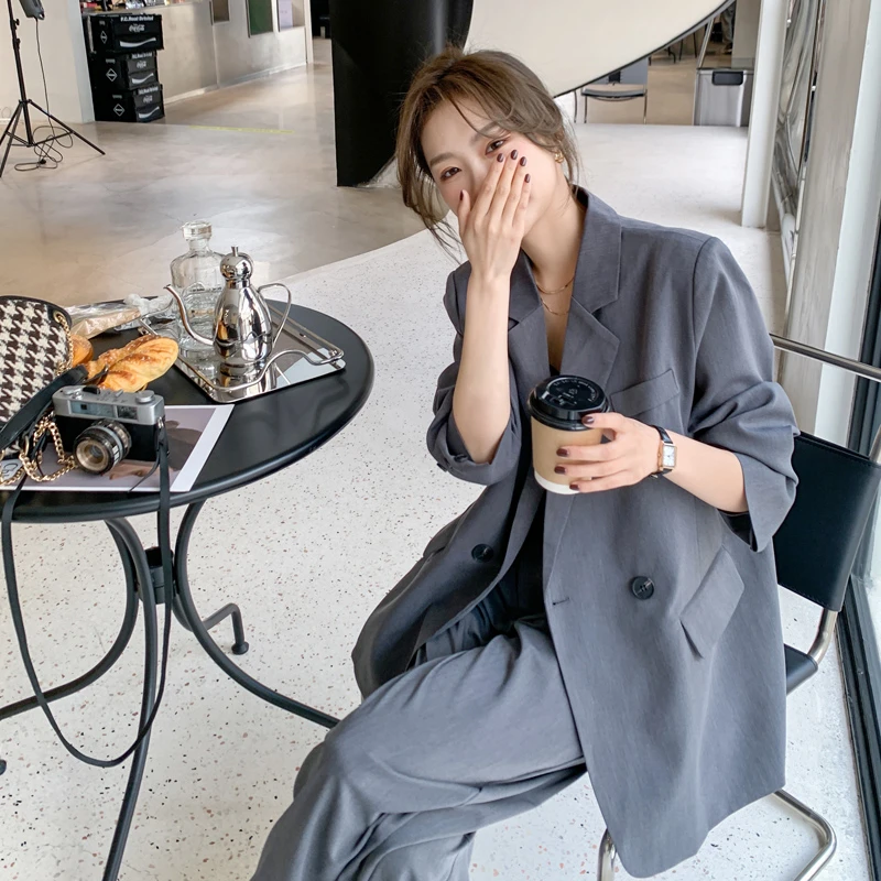 韩版气质西装套装女2023年春秋新款高级感甜辣风炸街阔腿裤两件套