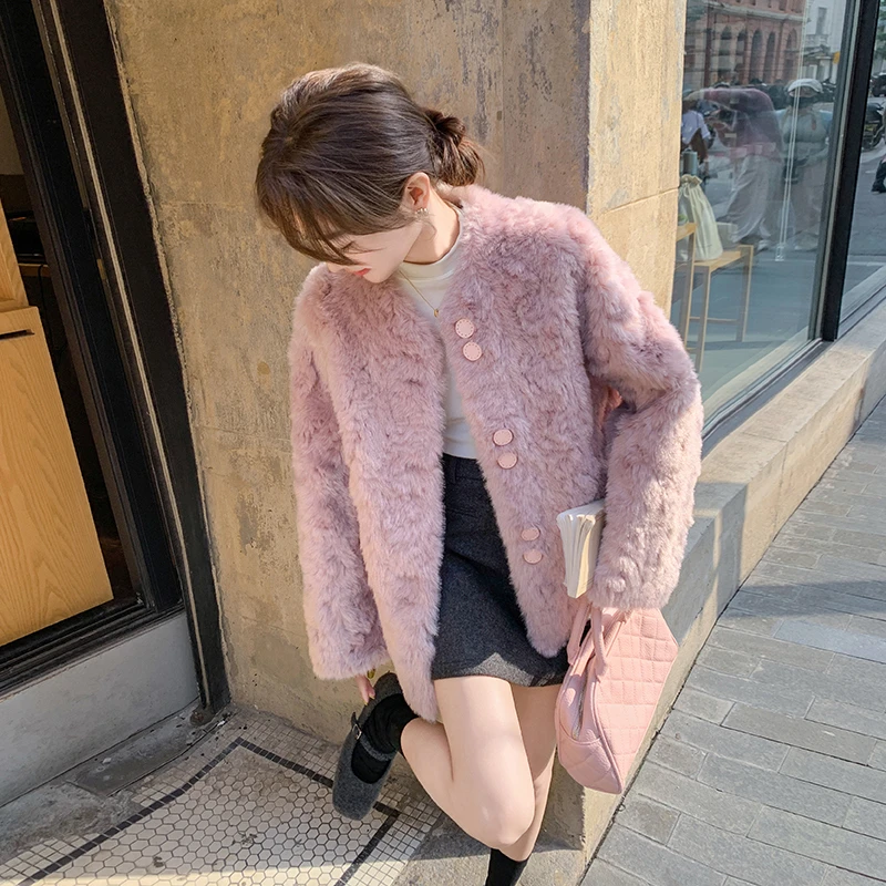 轻法式小香风皮毛一体仿羊羔毛绒外套女冬季仿皮草爆款棉衣粉色